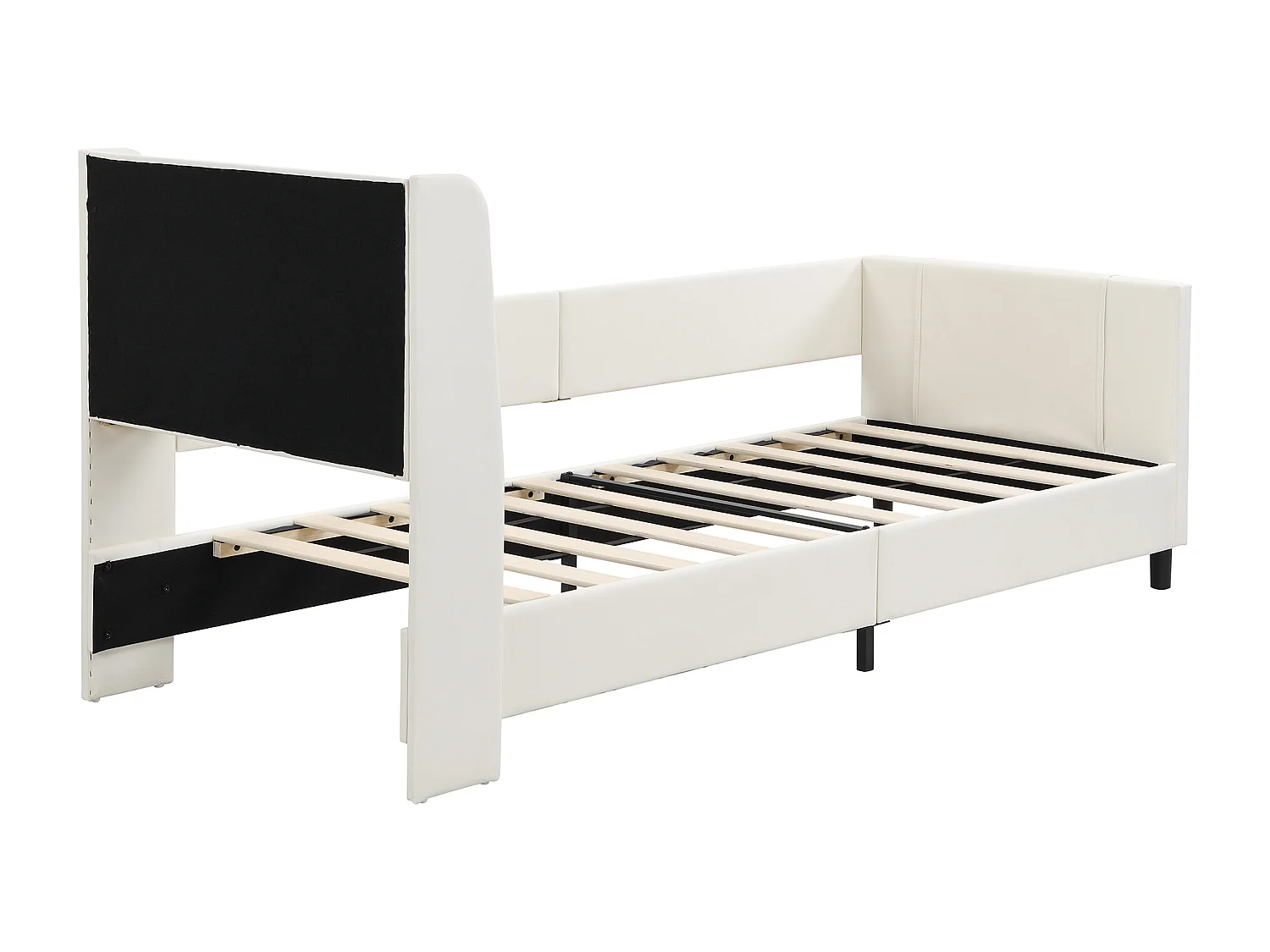 lit simple enfant 90x200 cm, en PU blanc avec rangements et barrière de sécurité(sans matelas)