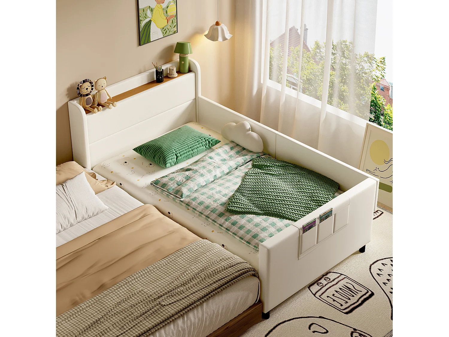 lit simple enfant 90x200 cm, en PU blanc avec rangements et barrière de sécurité(sans matelas)