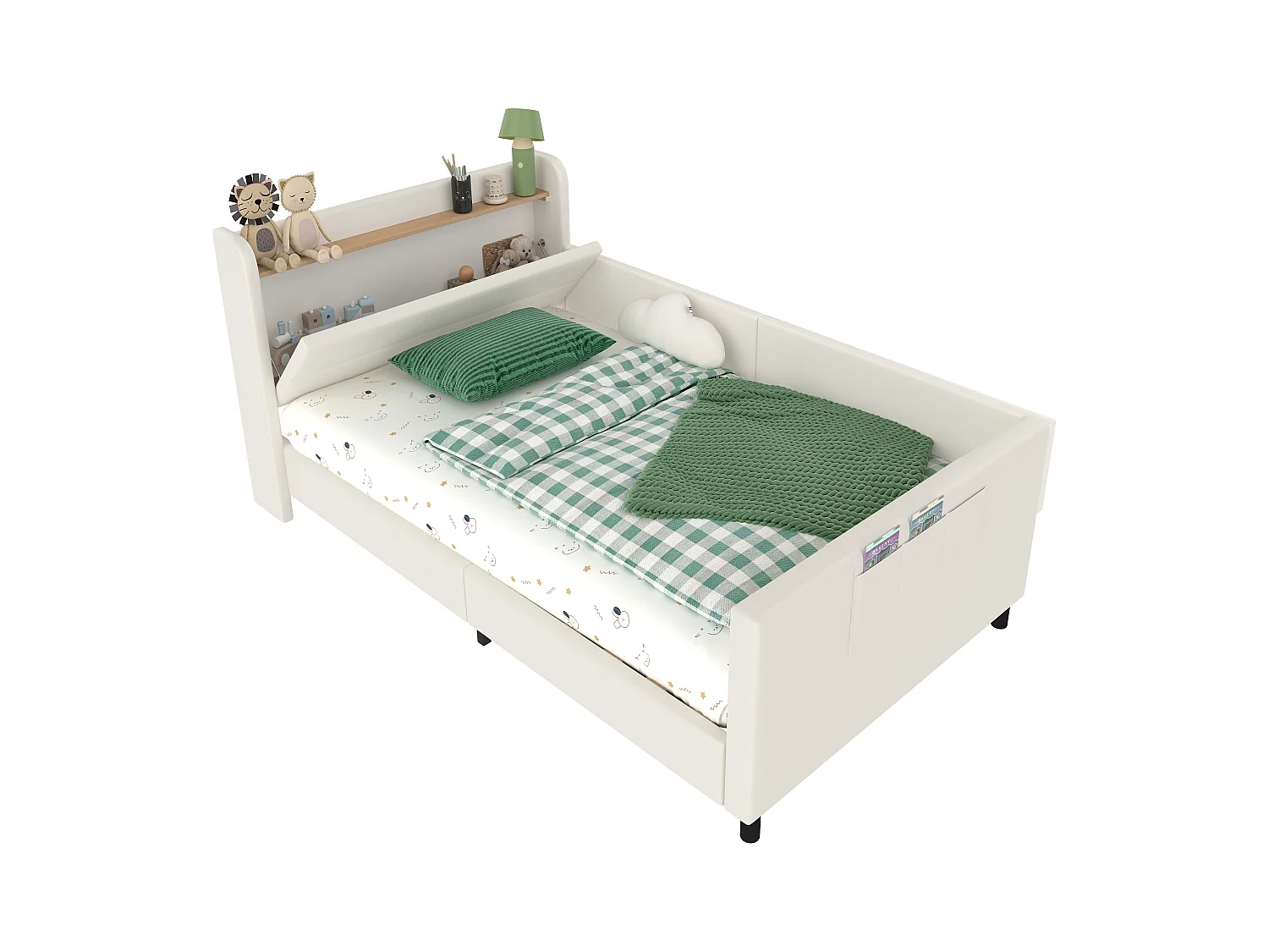 lit simple enfant 90x200 cm, en PU blanc avec rangements et barrière de sécurité(sans matelas)