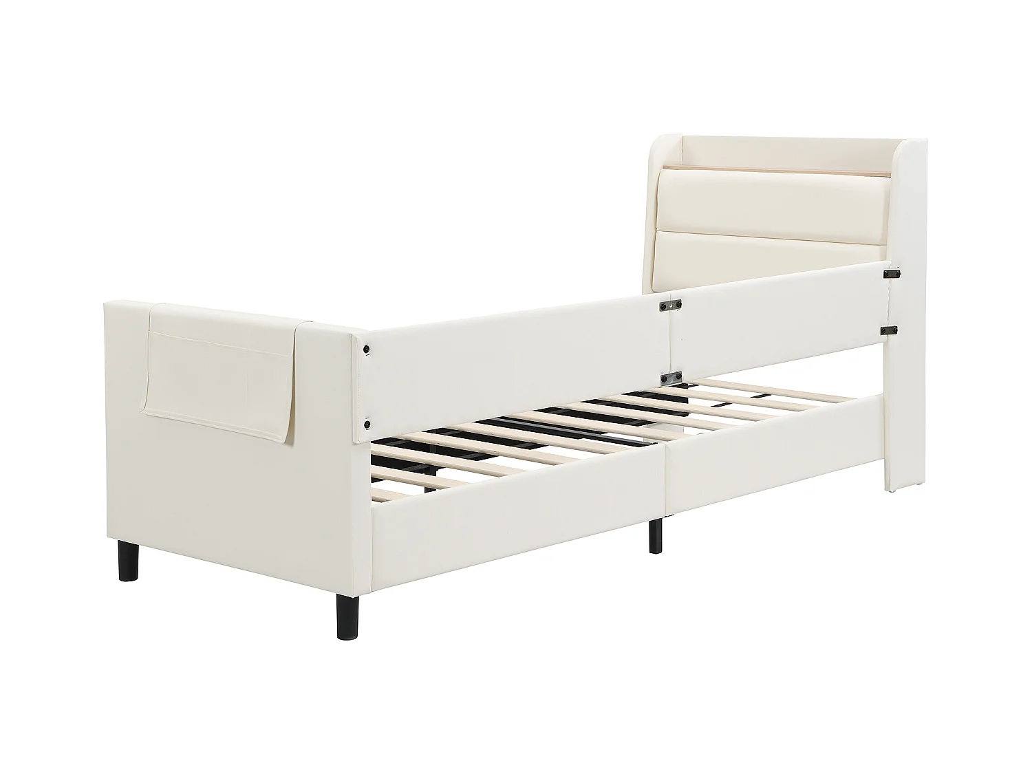 lit simple enfant 90x200 cm, en PU blanc avec rangements et barrière de sécurité(sans matelas)