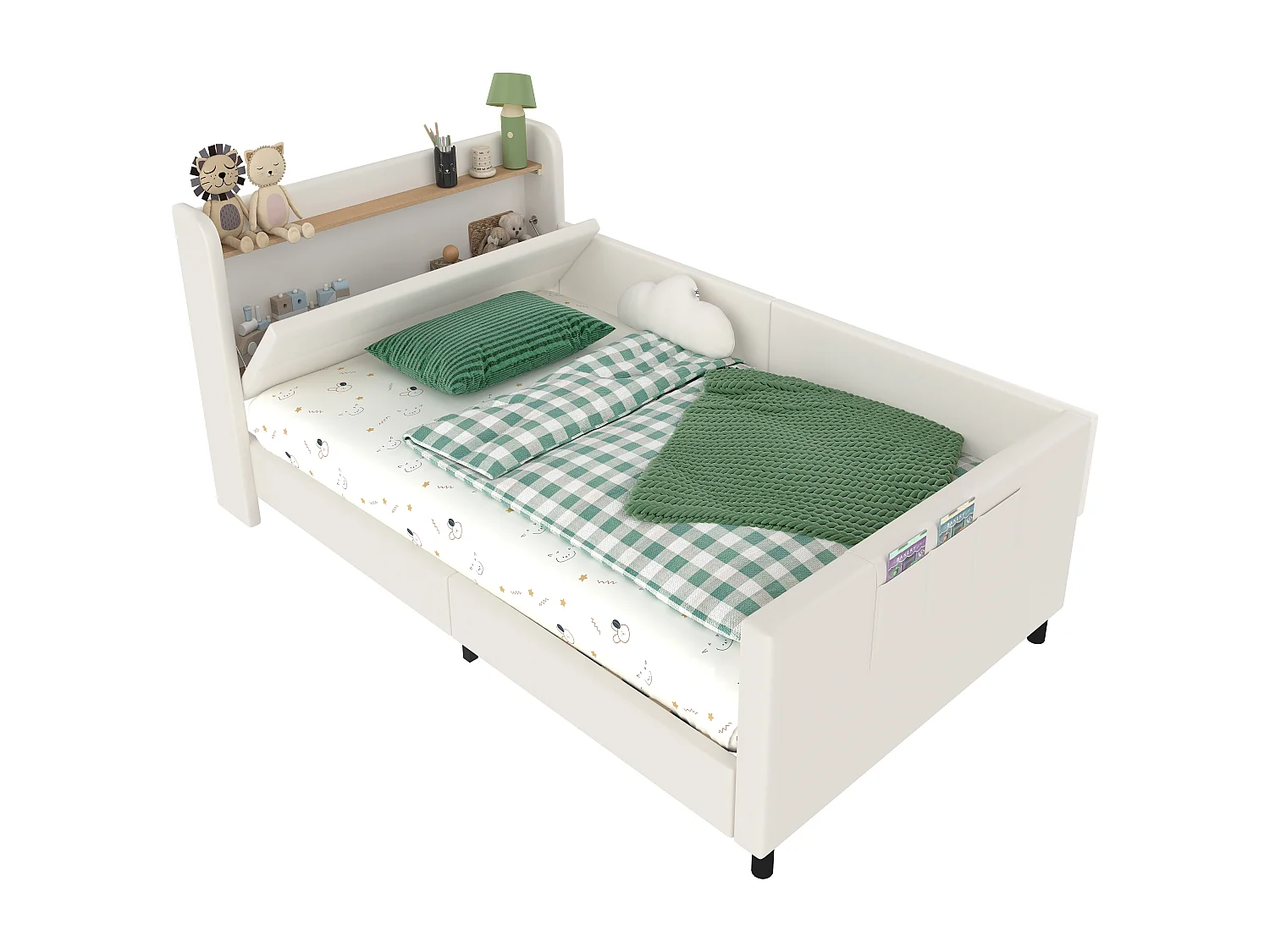 Eenpersoonsbed kind 90x200 cm, wit PU met opbergruimte en veiligheidshekje (zonder matras)