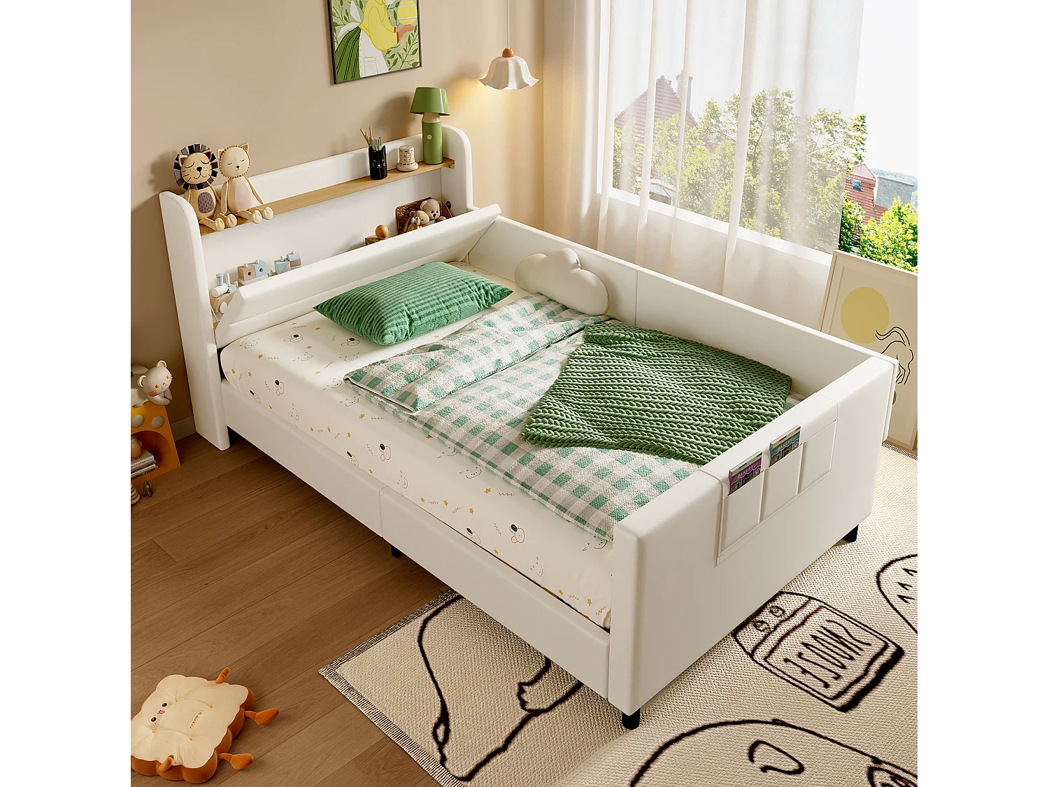 Eenpersoonsbed kind 90x200 cm, wit PU met opbergruimte en veiligheidshekje (zonder matras)