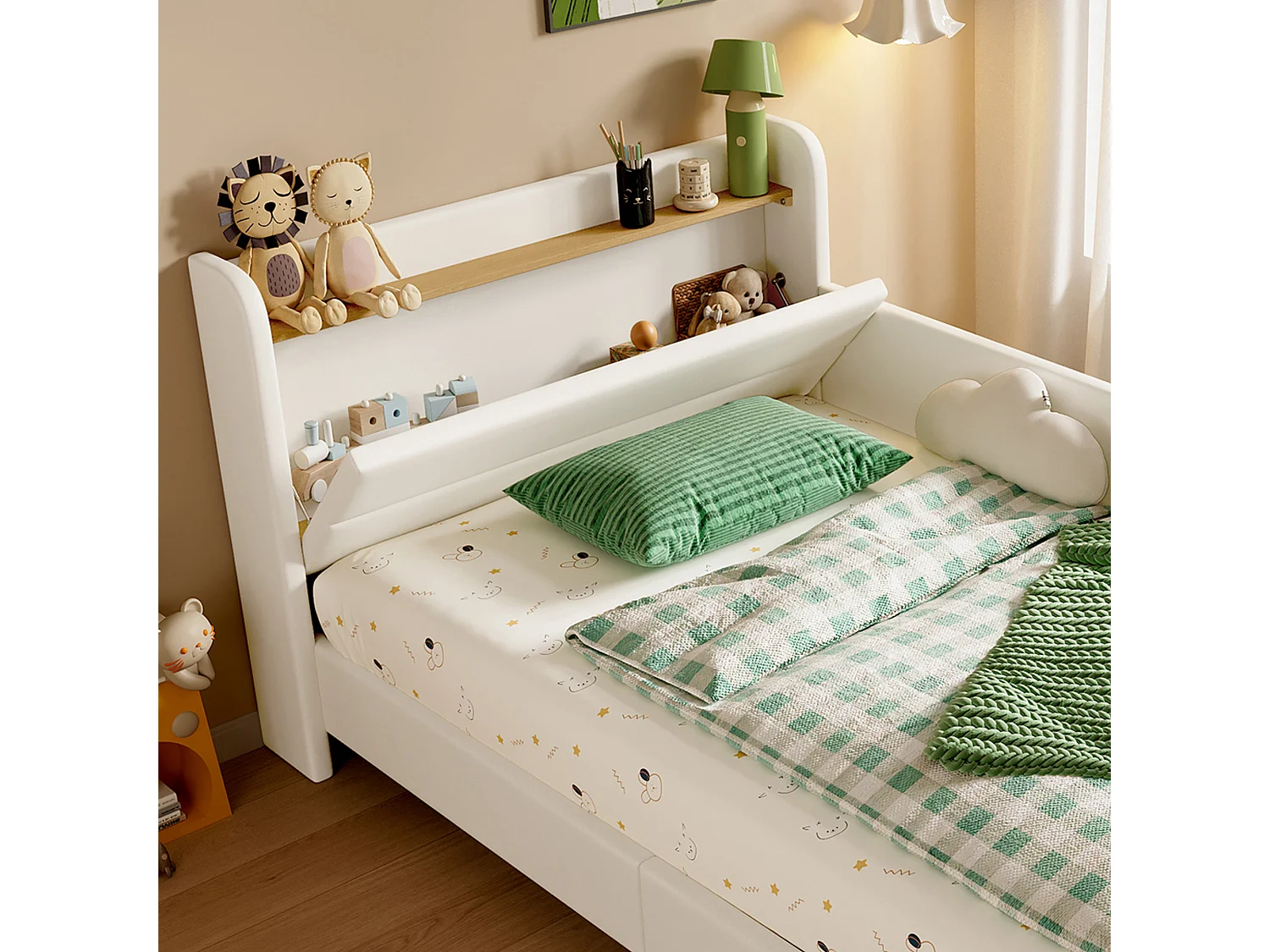 Eenpersoonsbed kind 90x200 cm, wit PU met opbergruimte en veiligheidshekje (zonder matras)