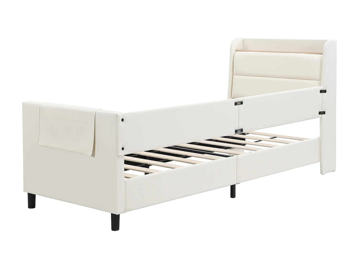 Eenpersoonsbed kind 90x200 cm, wit PU met opbergruimte en veiligheidshekje (zonder matras)