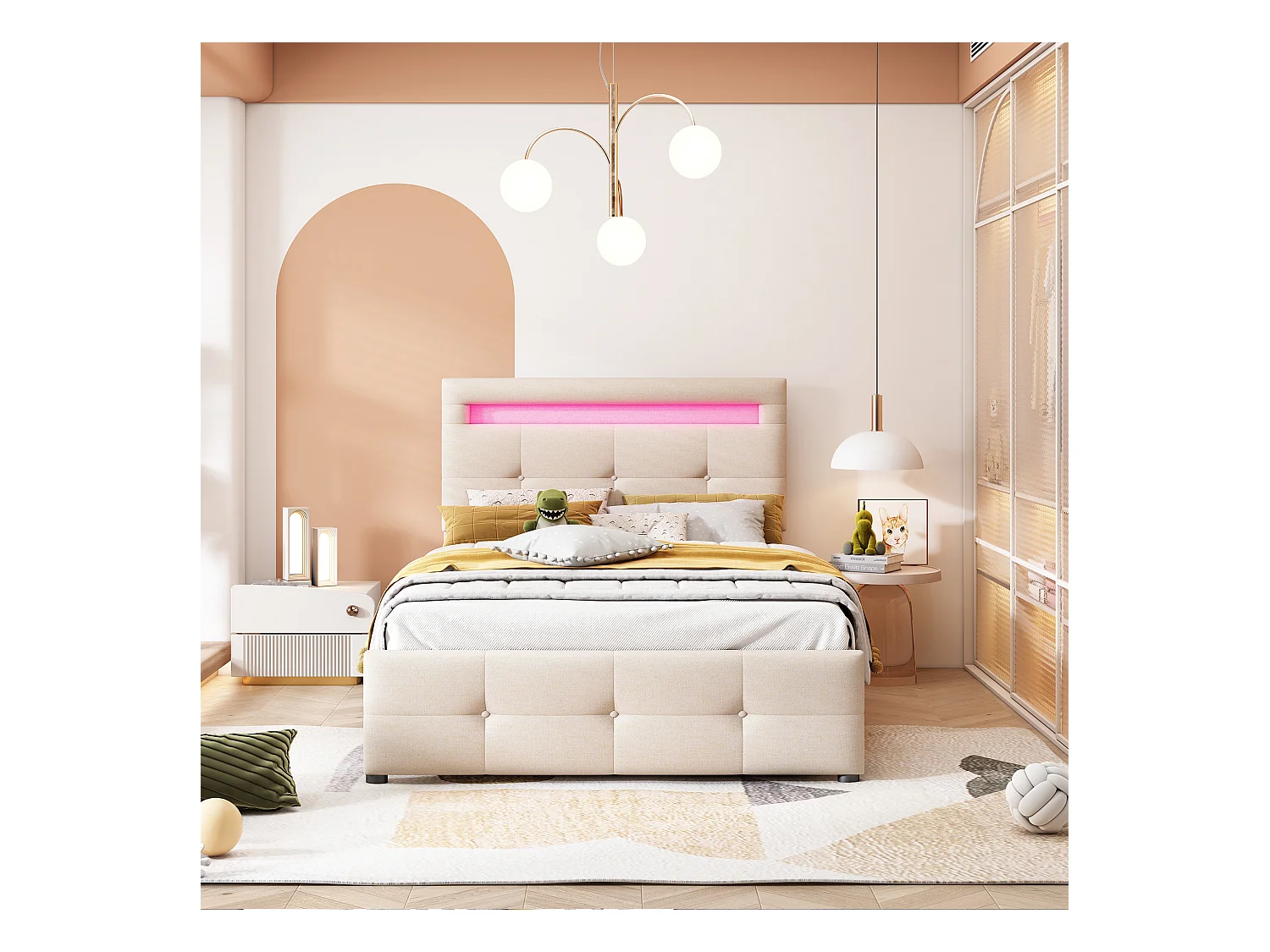 Lit simple 90x200 cm - Lit ado avec éclairage LED - 2 tiroirs de rangement - lin beige