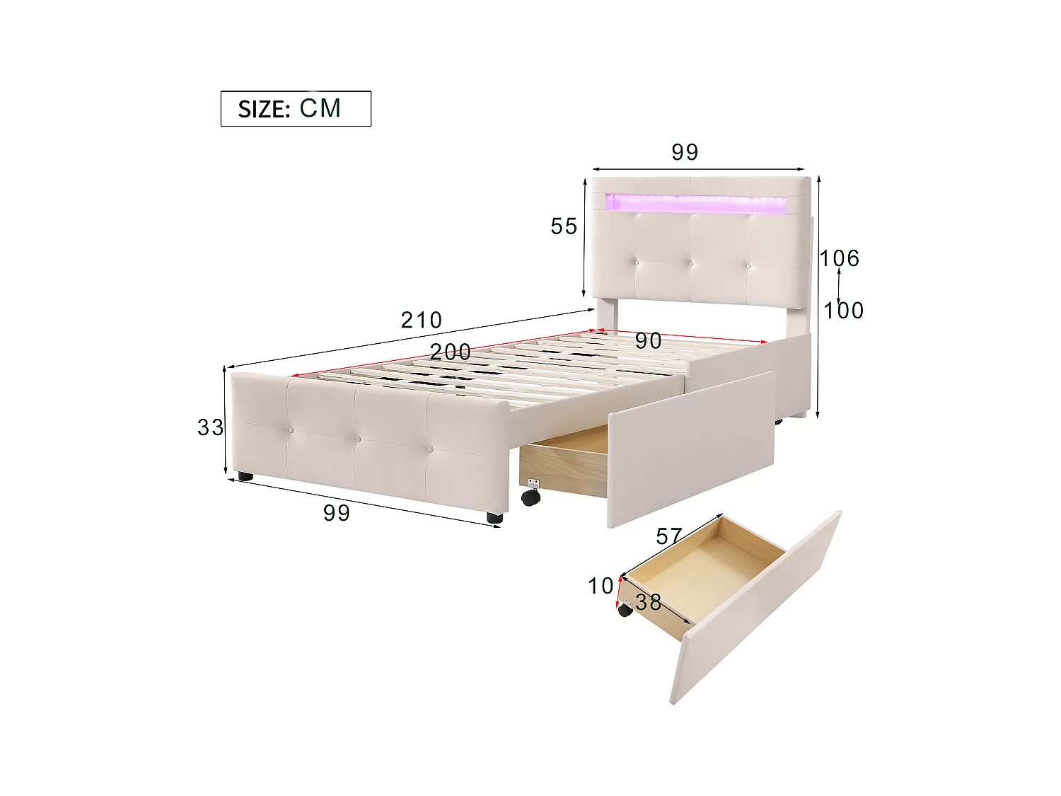 Lit simple 90x200 cm - Lit ado avec éclairage LED - 2 tiroirs de rangement - lin beige