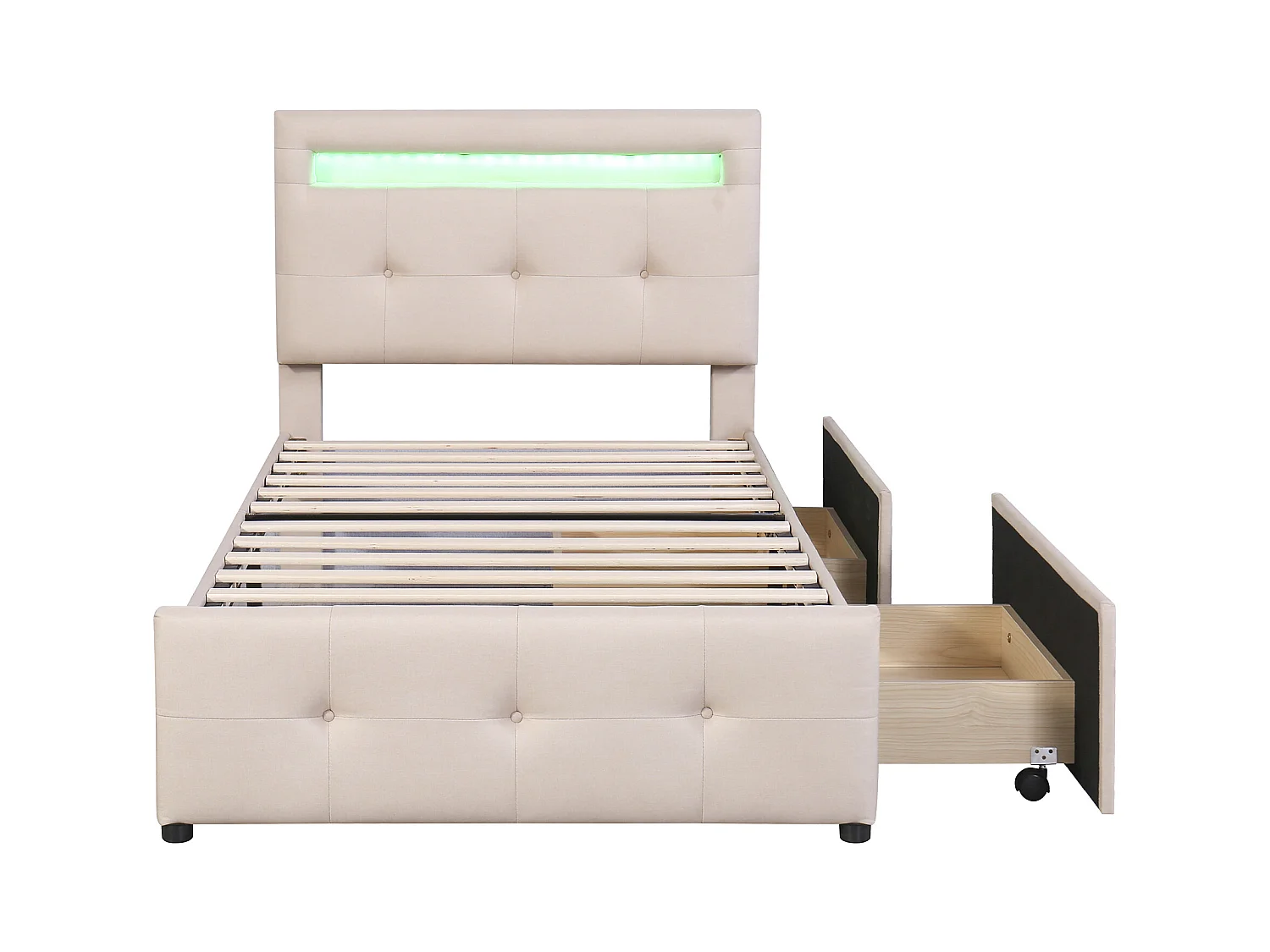 Lit simple 90x200 cm - Lit ado avec éclairage LED - 2 tiroirs de rangement - lin beige