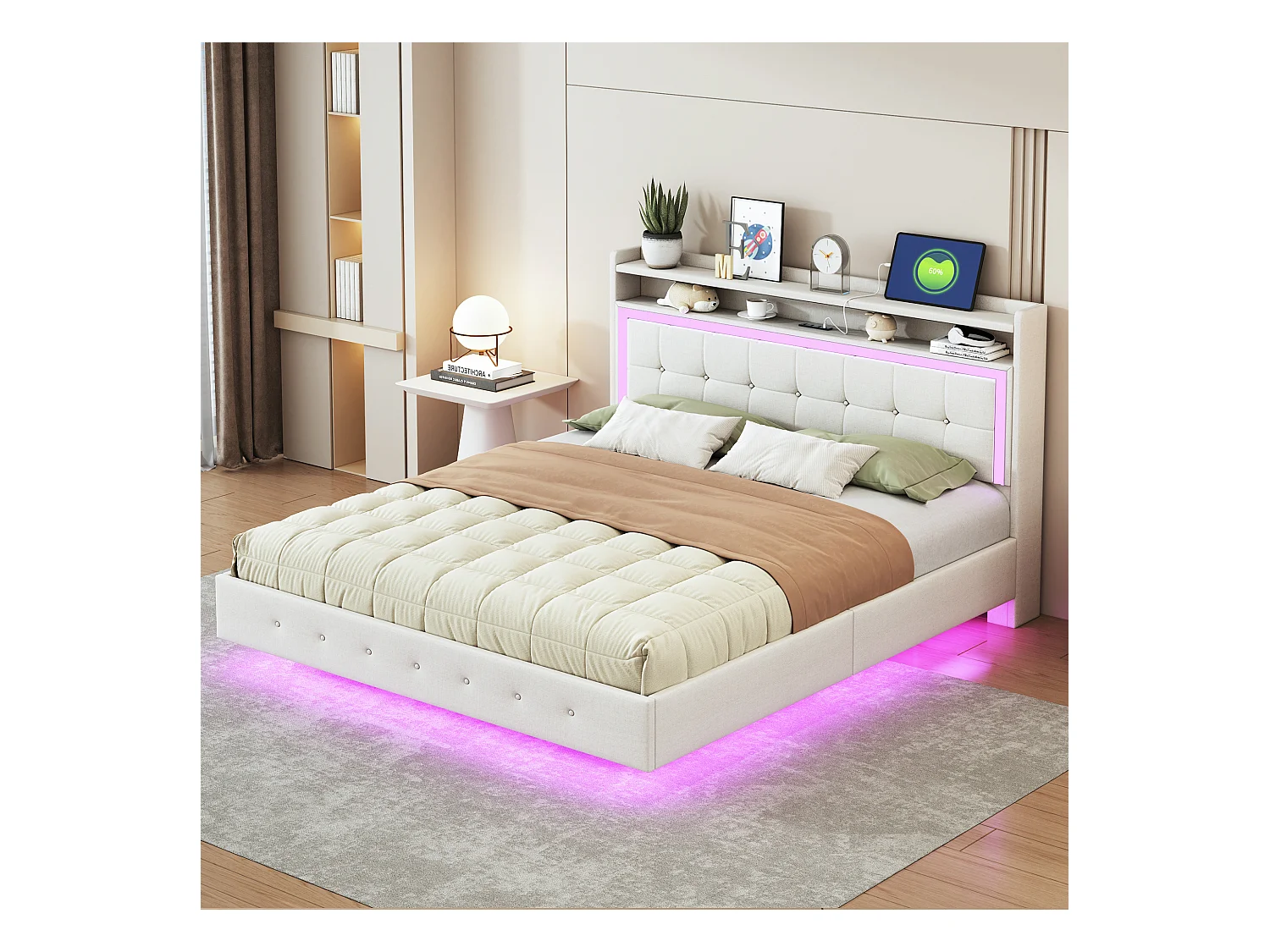 Lit adulte 160x200 cm - Lit double avec port USB et éclairage LED - lin beige