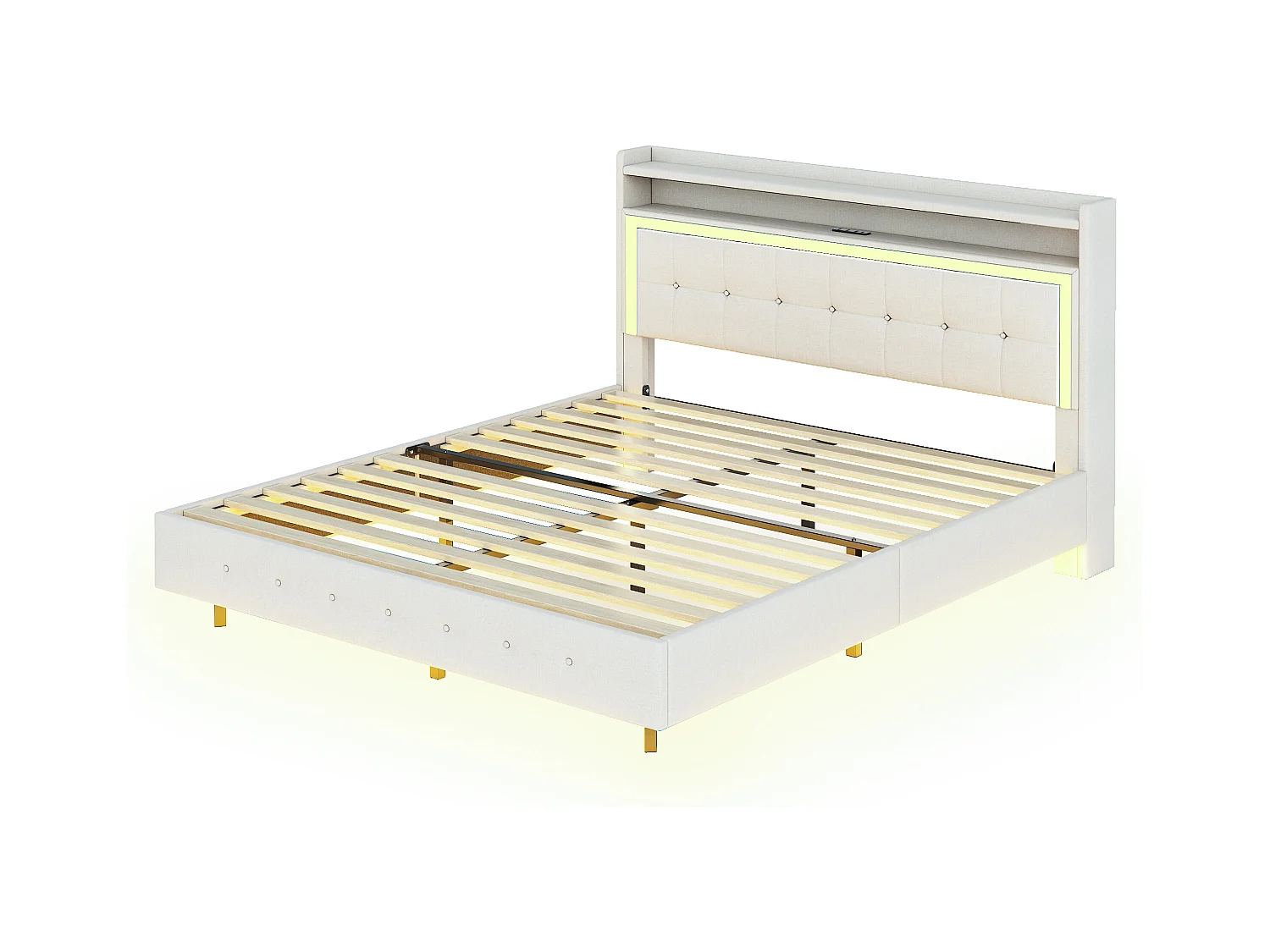 Lit adulte 160x200 cm - Lit double avec port USB et éclairage LED - lin beige