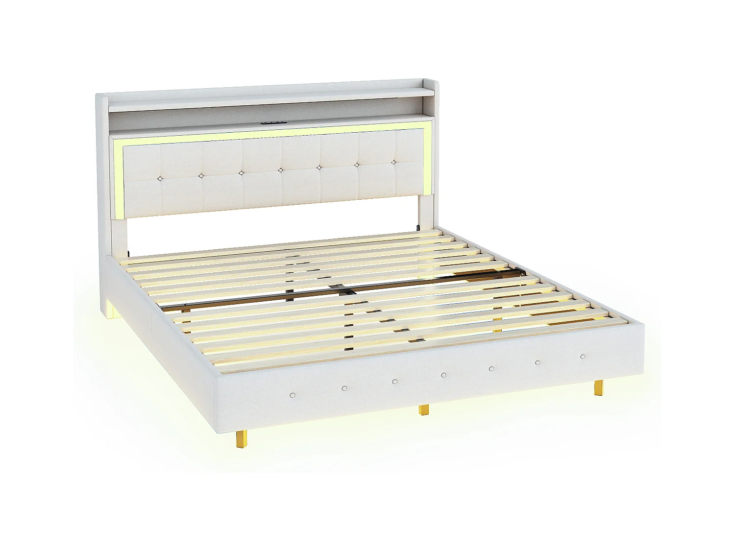 Lit adulte 160x200 cm - Lit double avec port USB et éclairage LED - lin beige