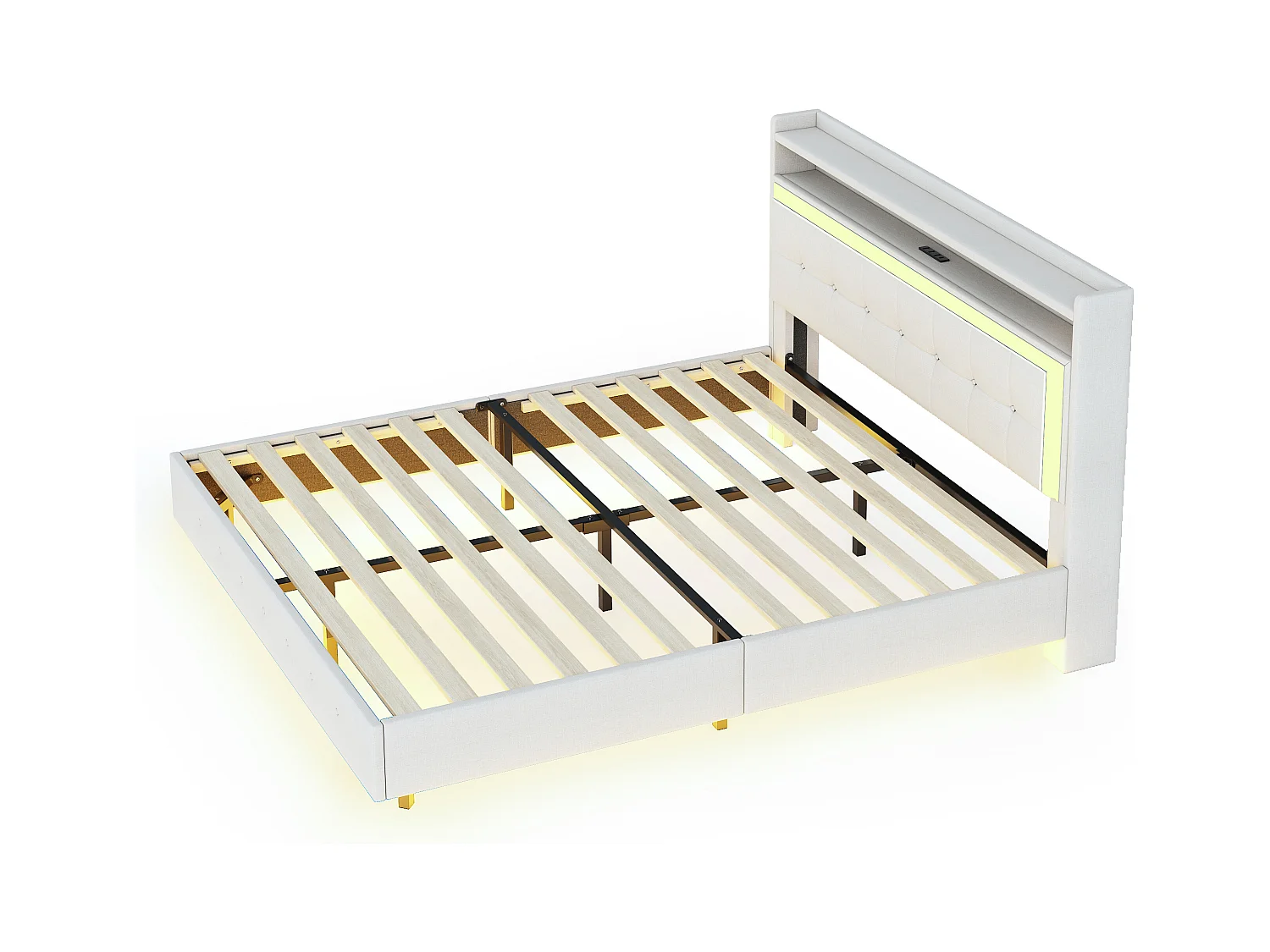 Lit adulte 160x200 cm - Lit double avec port USB et éclairage LED - lin beige