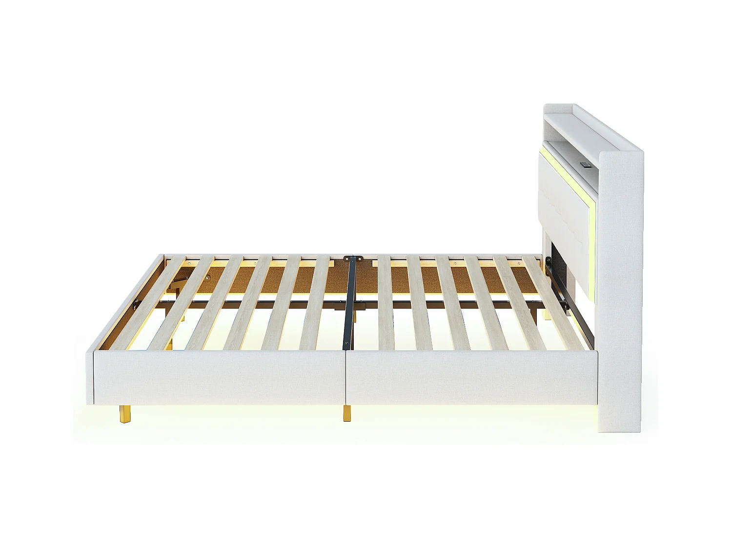 Lit adulte 160x200 cm - Lit double avec port USB et éclairage LED - lin beige