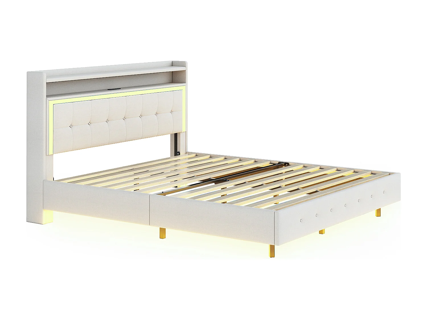 Lit adulte 160x200 cm - Lit double avec port USB et éclairage LED - lin beige