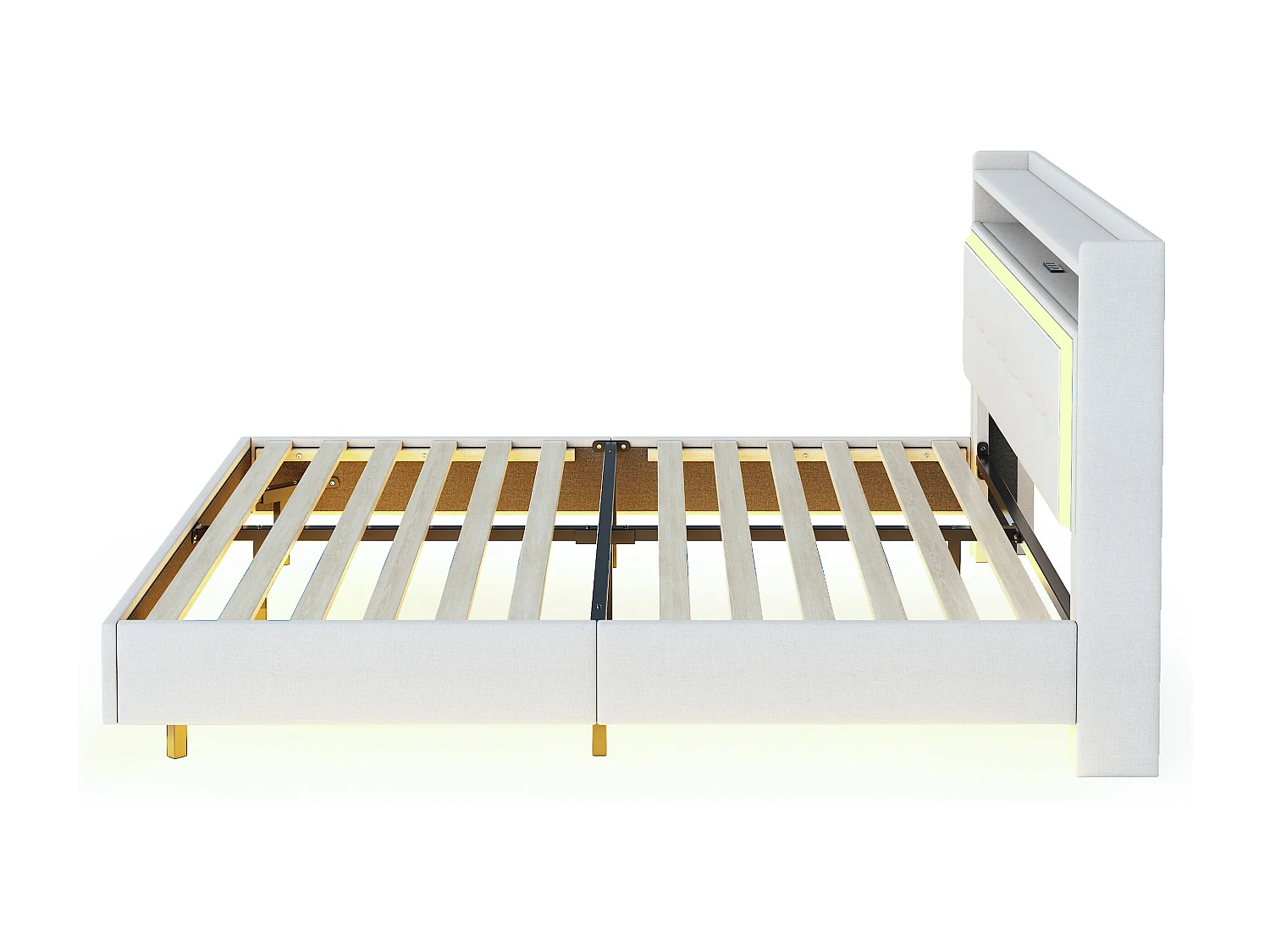 Lit adulte 160x200 cm - Lit double avec port USB et éclairage LED - lin beige