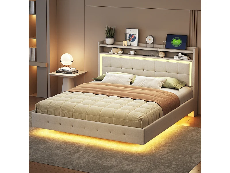 Volwassen bed 160x200 cm - Tweepersoonsbed met USB-aansluiting en LED-verlichting - beige linnen
