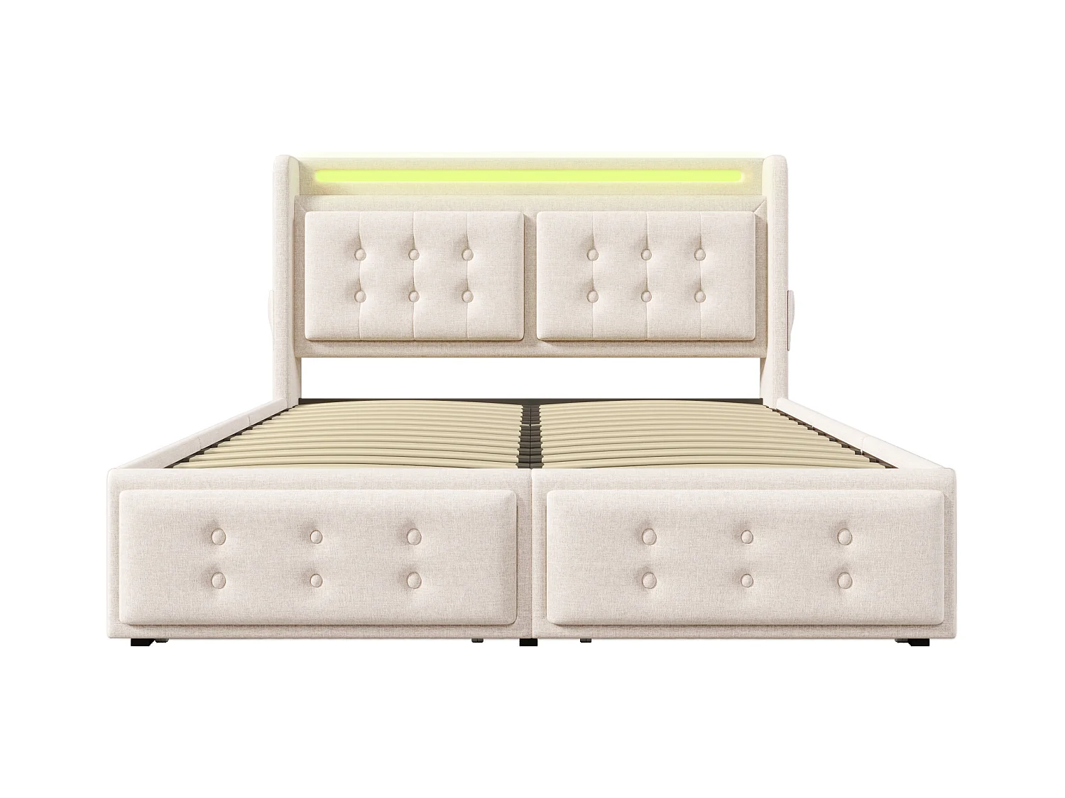 Bed 160x200 cm beige met 4 lades, gestoffeerd tweepersoonsbed voor volwassenen, LED + USB C, zonder matras, katoen linnen