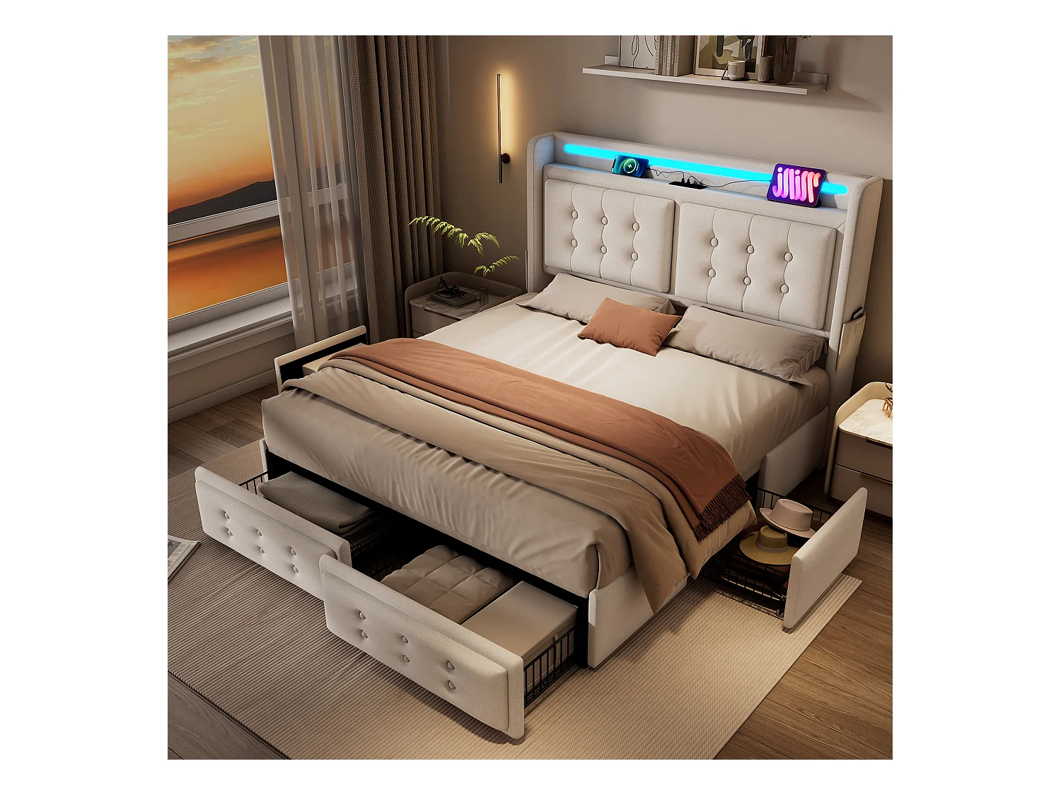 Lit 160x200cm beige avec 4 tiroirs, lit adulte double rembourré, LED + USB C, sans matelas, coton lin
