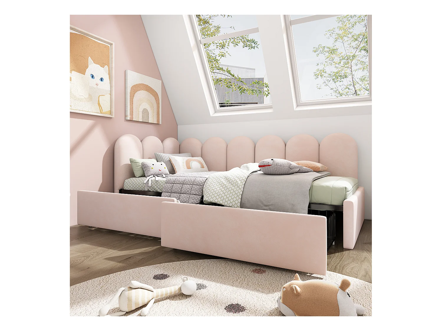 Lit enfant 90x200 cm - Lit simple avec 2 tiroirs et sommier à lattes - velours rose - sans matelas