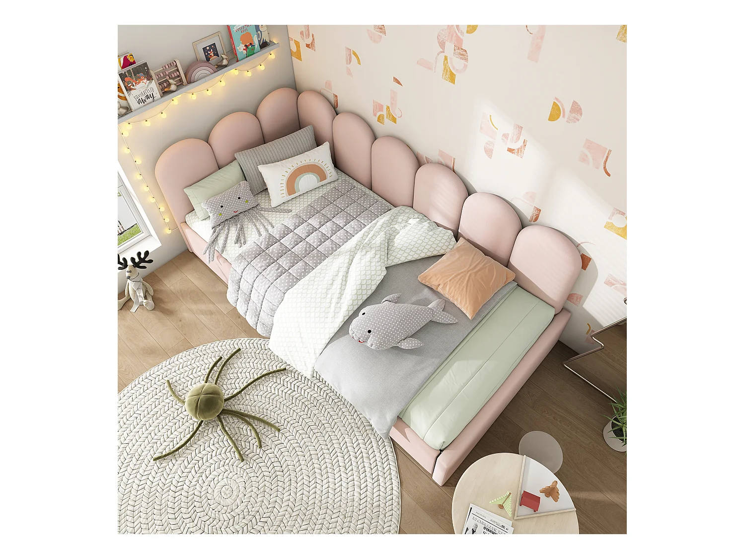Lit enfant 90x200 cm - Lit simple avec 2 tiroirs et sommier à lattes - velours rose - sans matelas