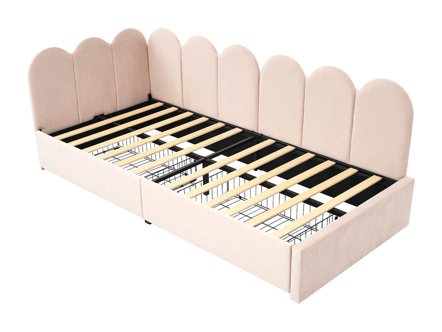 Lit enfant 90x200 cm - Lit simple avec 2 tiroirs et sommier à lattes - velours rose - sans matelas