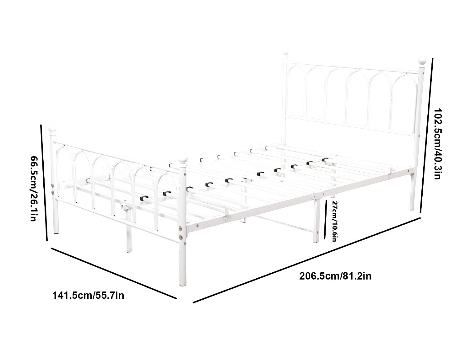 Lit enfant double 140x200cm, lit en métal blanc, sans matelas