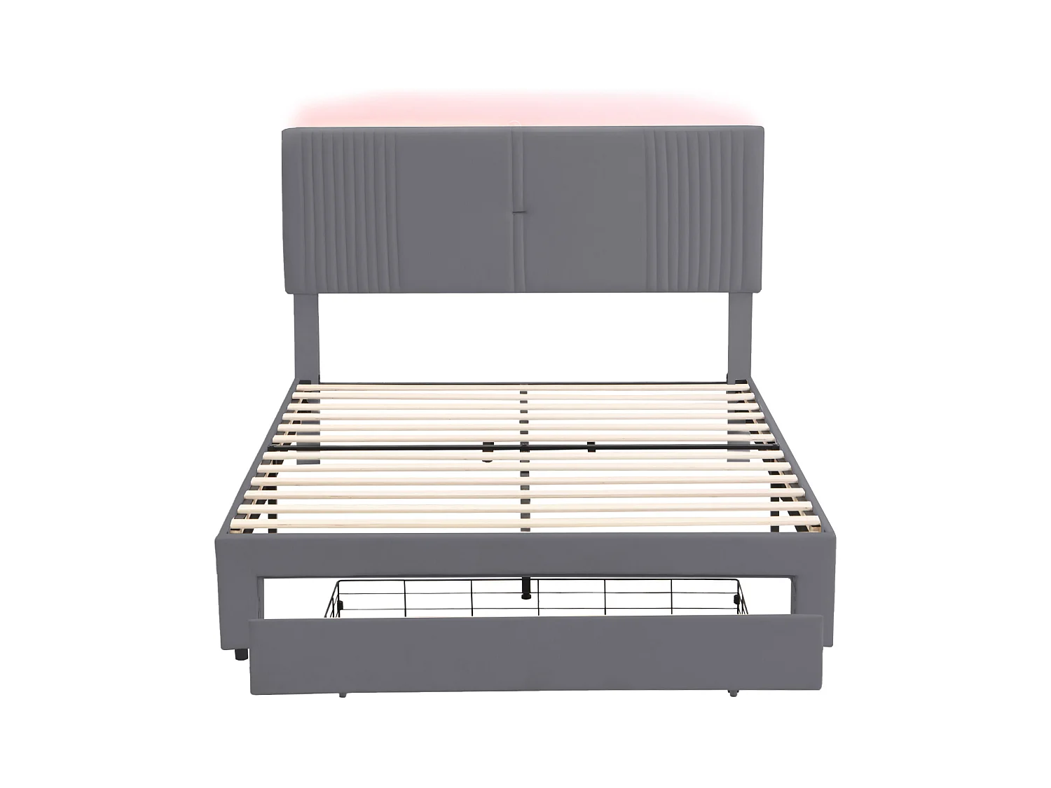 Lit 140x200cm gris, lit adulte double tiroirs de rangement,bande lumineuse + USB, velours, sans matelas