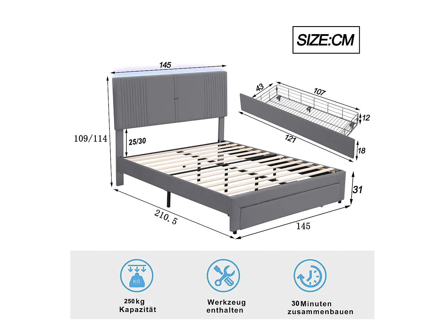 Lit 140x200cm gris, lit adulte double tiroirs de rangement,bande lumineuse + USB, velours, sans matelas