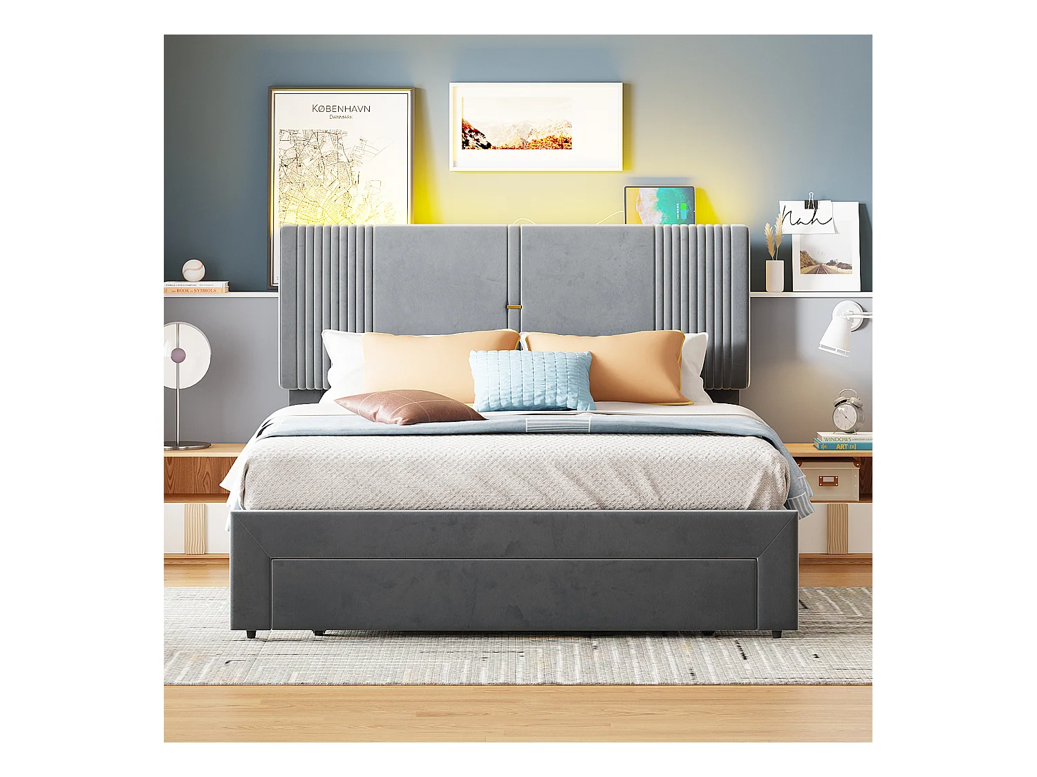 Lit 140x200cm gris, lit adulte double tiroirs de rangement,bande lumineuse + USB, velours, sans matelas
