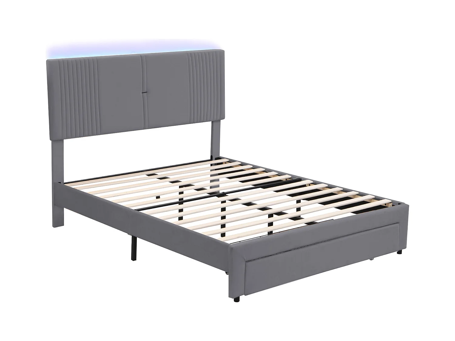 Lit 140x200cm gris, lit adulte double tiroirs de rangement,bande lumineuse + USB, velours, sans matelas