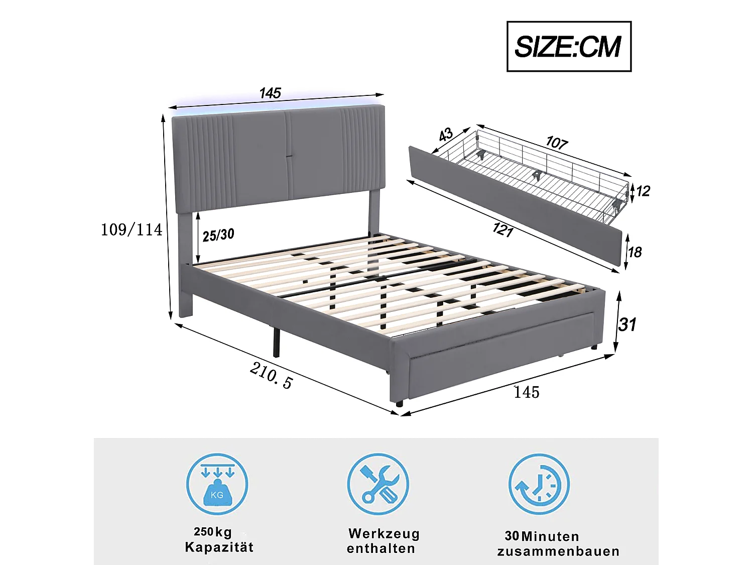 Lit 140x200cm gris, lit adulte double tiroirs de rangement,bande lumineuse + USB, velours, sans matelas