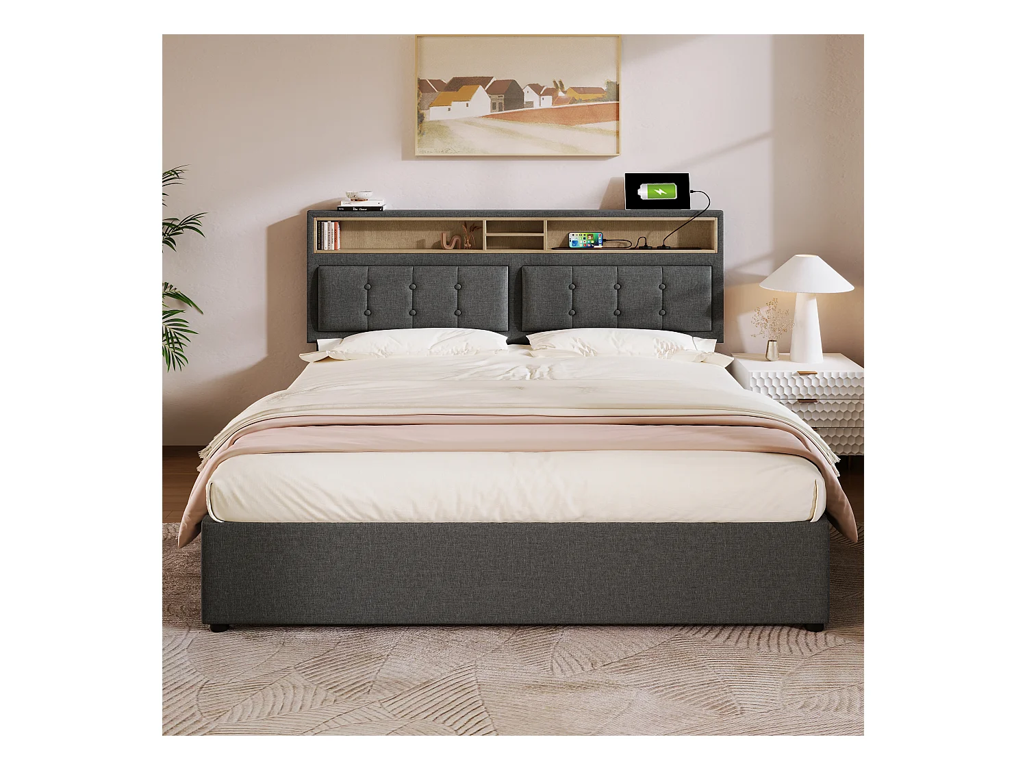 Lit adulte 140x200 cm - Lit double avec USB et 4 tiroirs - Tête de lit réglable - Lin gris