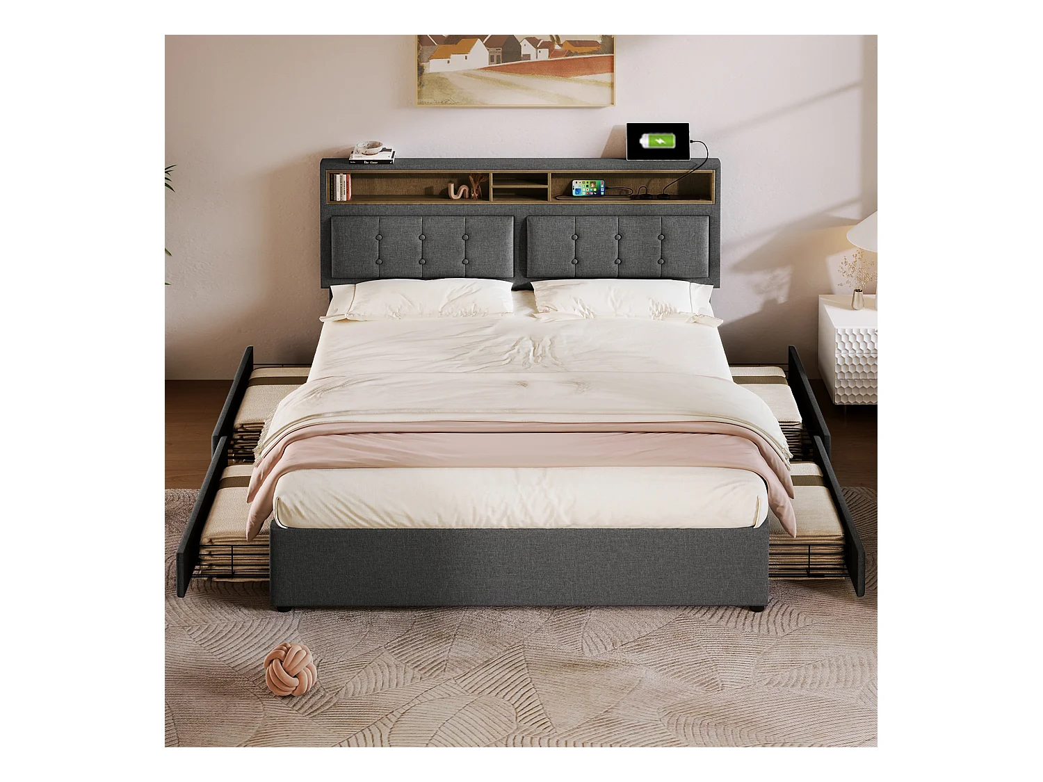 Lit adulte 140x200 cm - Lit double avec USB et 4 tiroirs - Tête de lit réglable - Lin gris