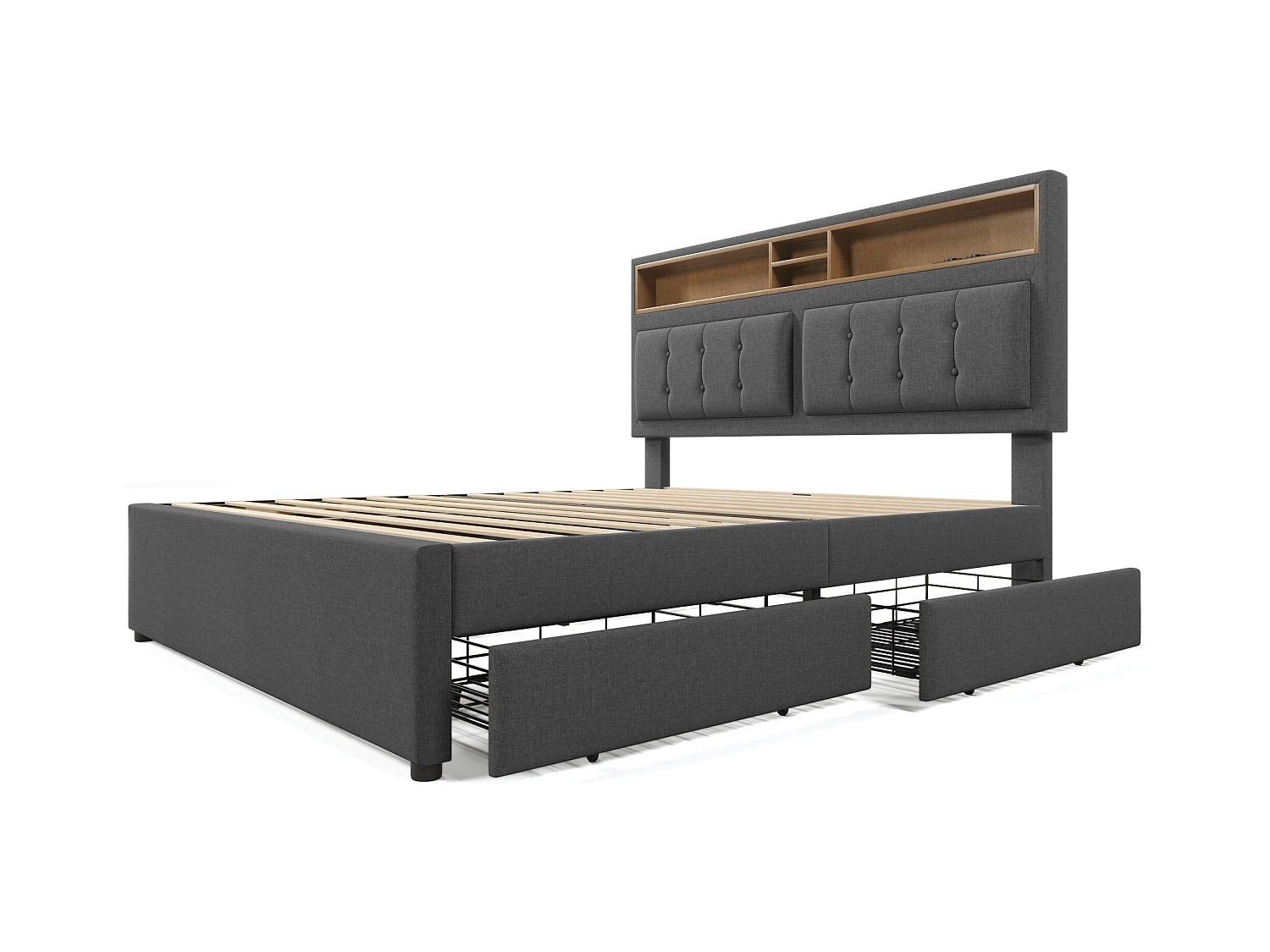 Lit adulte 140x200 cm - Lit double avec USB et 4 tiroirs - Tête de lit réglable - Lin gris