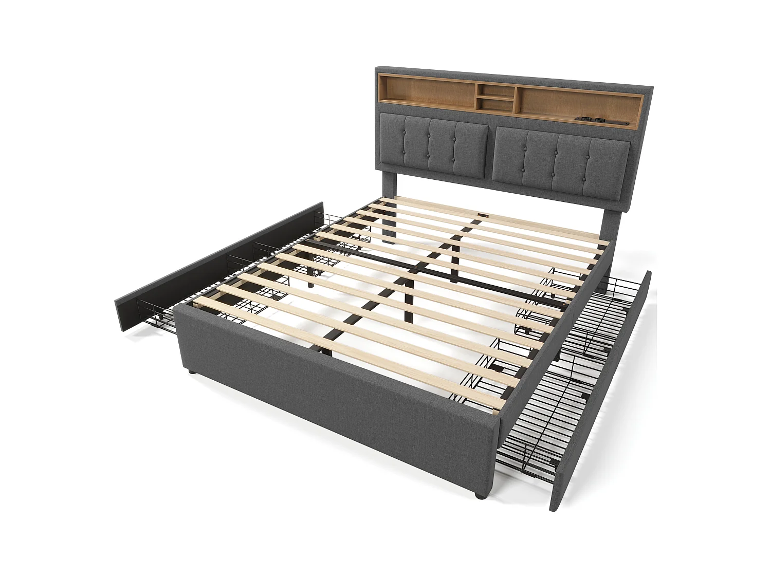 Lit adulte 140x200 cm - Lit double avec USB et 4 tiroirs - Tête de lit réglable - Lin gris