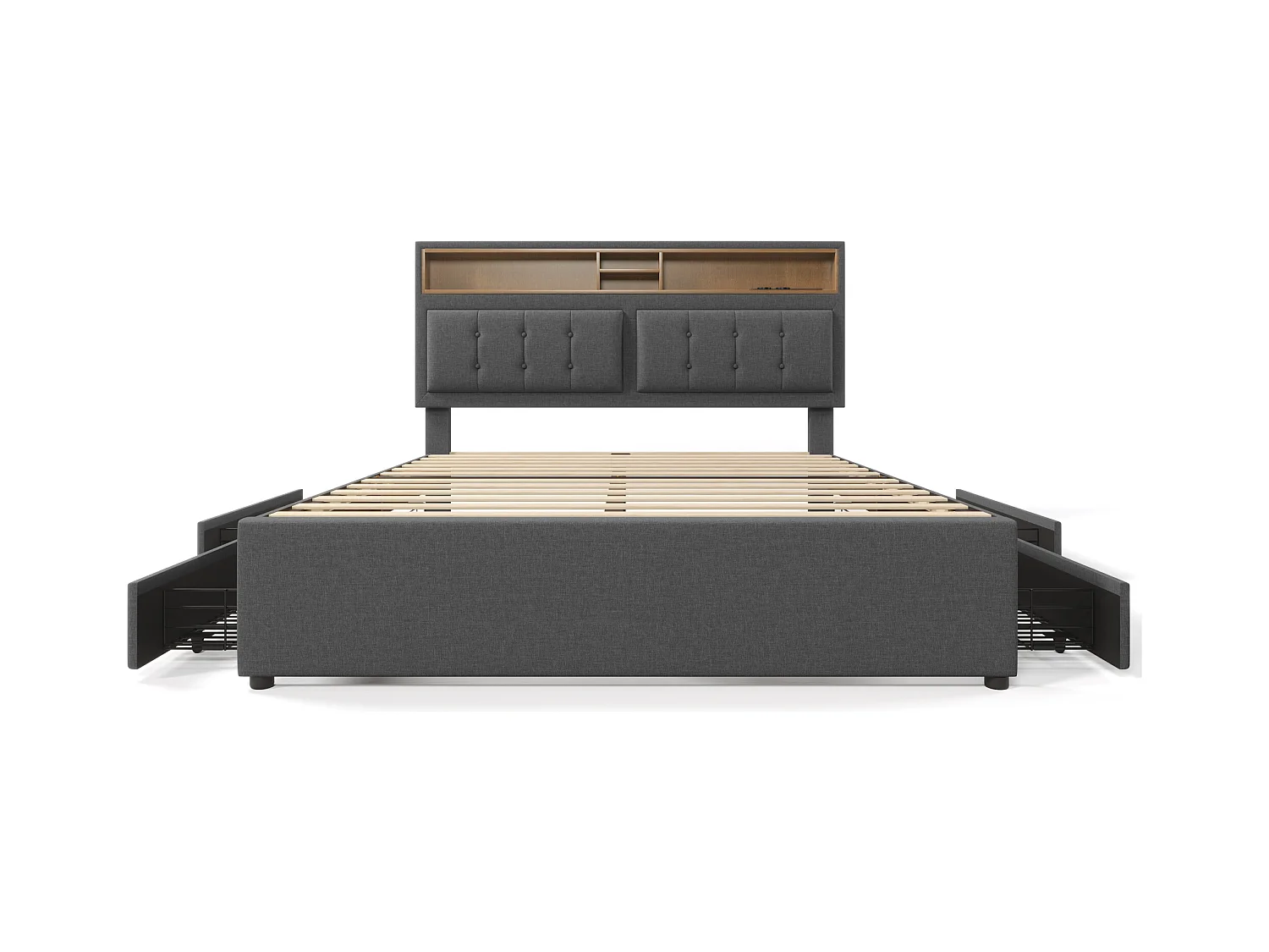 Lit adulte 140x200 cm - Lit double avec USB et 4 tiroirs - Tête de lit réglable - Lin gris