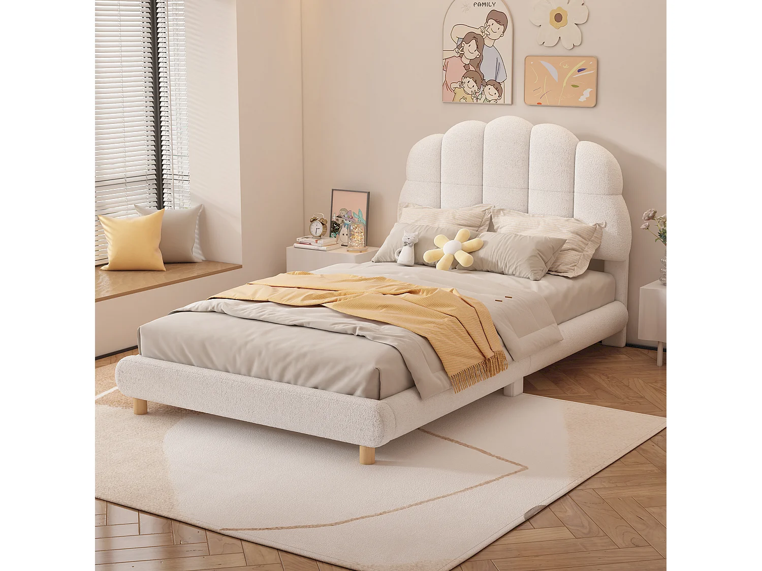 Lit enfant 90×200 cm blanc en Pile bouclée, lit simple - Sans Matelas