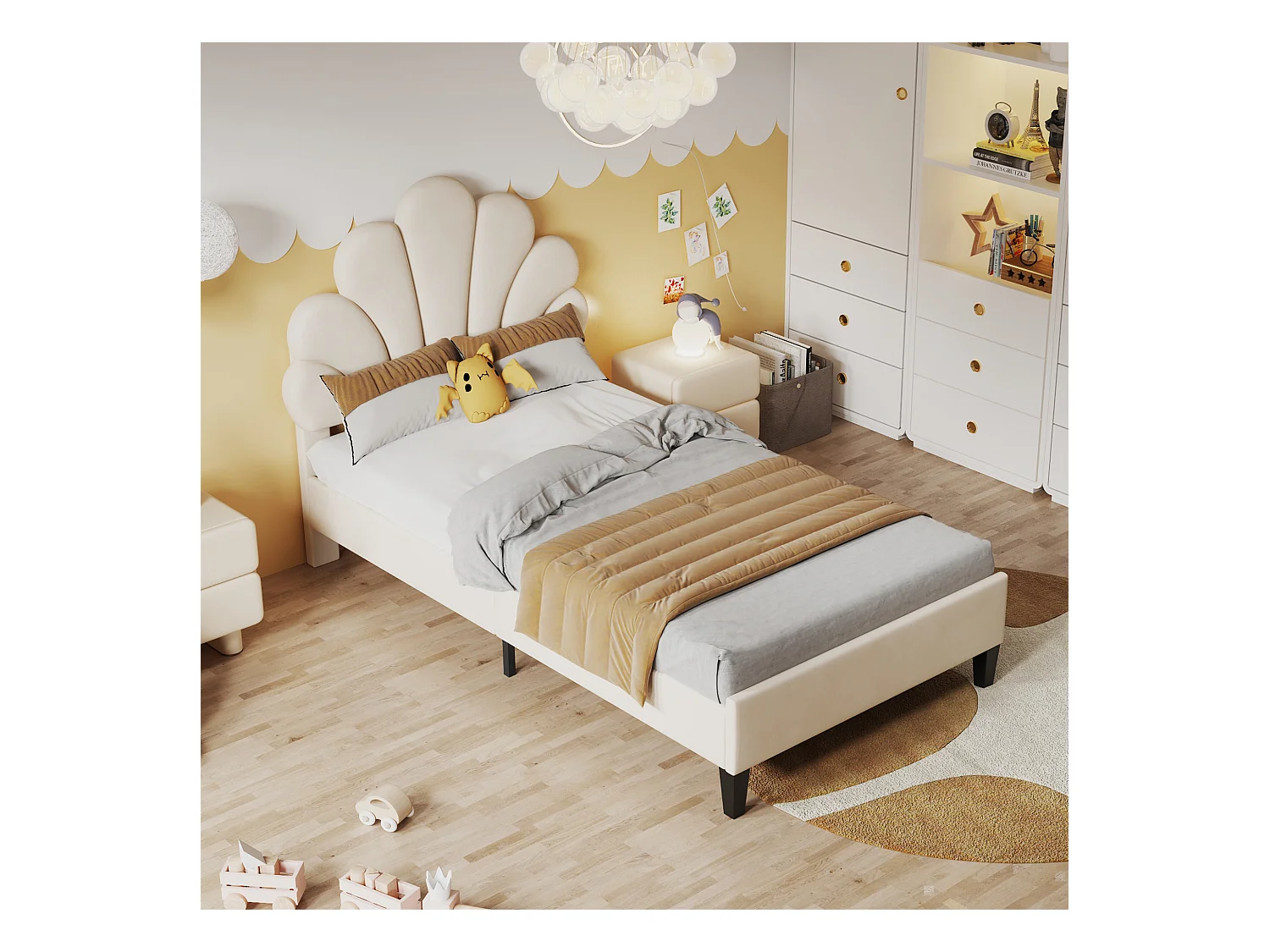 Lit simple 90x200 cm - Lit enfant avec tête de lit en forme de fleur et sommier à lattes - velours beige