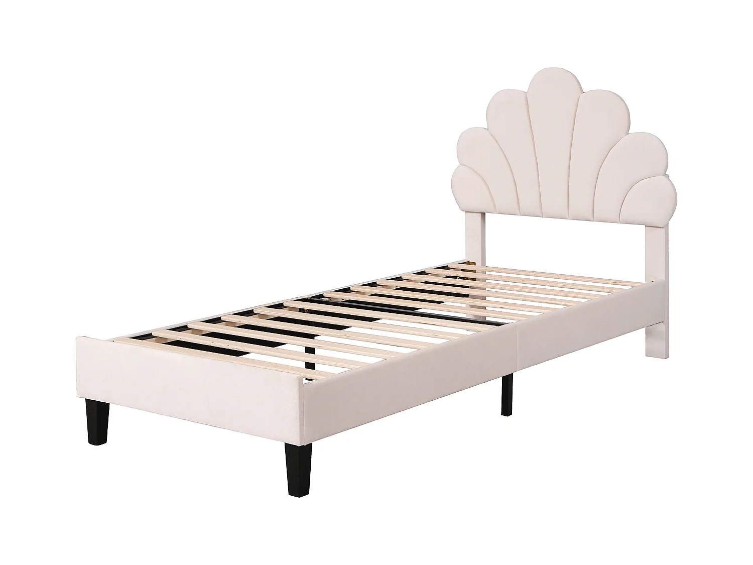 Lit simple 90x200 cm - Lit enfant avec tête de lit en forme de fleur et sommier à lattes - velours beige