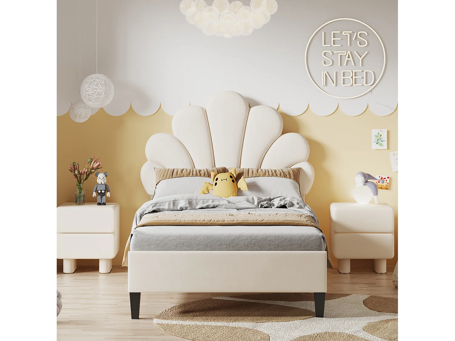 Eenpersoonsbed 90x200 cm - Kinderbed met bloemvormig hoofdbord en lattenbodem - beige fluweel