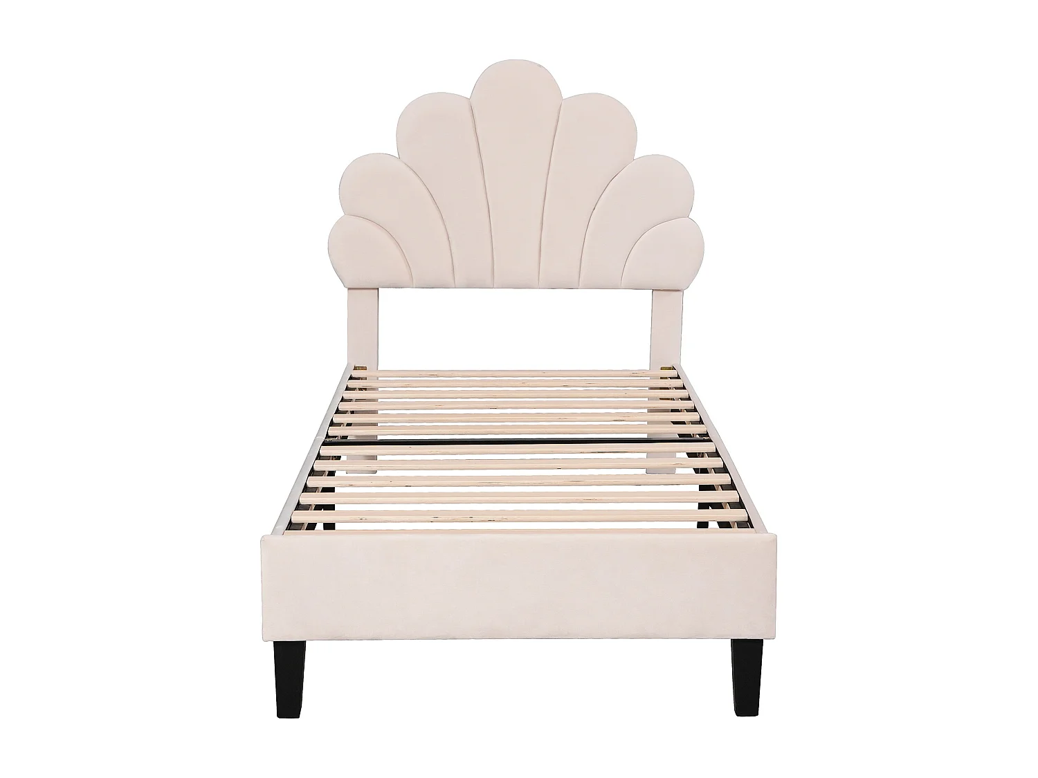 Eenpersoonsbed 90x200 cm - Kinderbed met bloemvormig hoofdbord en lattenbodem - beige fluweel