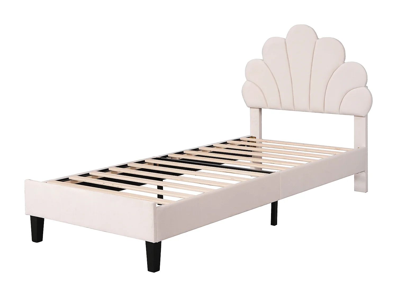 Eenpersoonsbed 90x200 cm - Kinderbed met bloemvormig hoofdbord en lattenbodem - beige fluweel