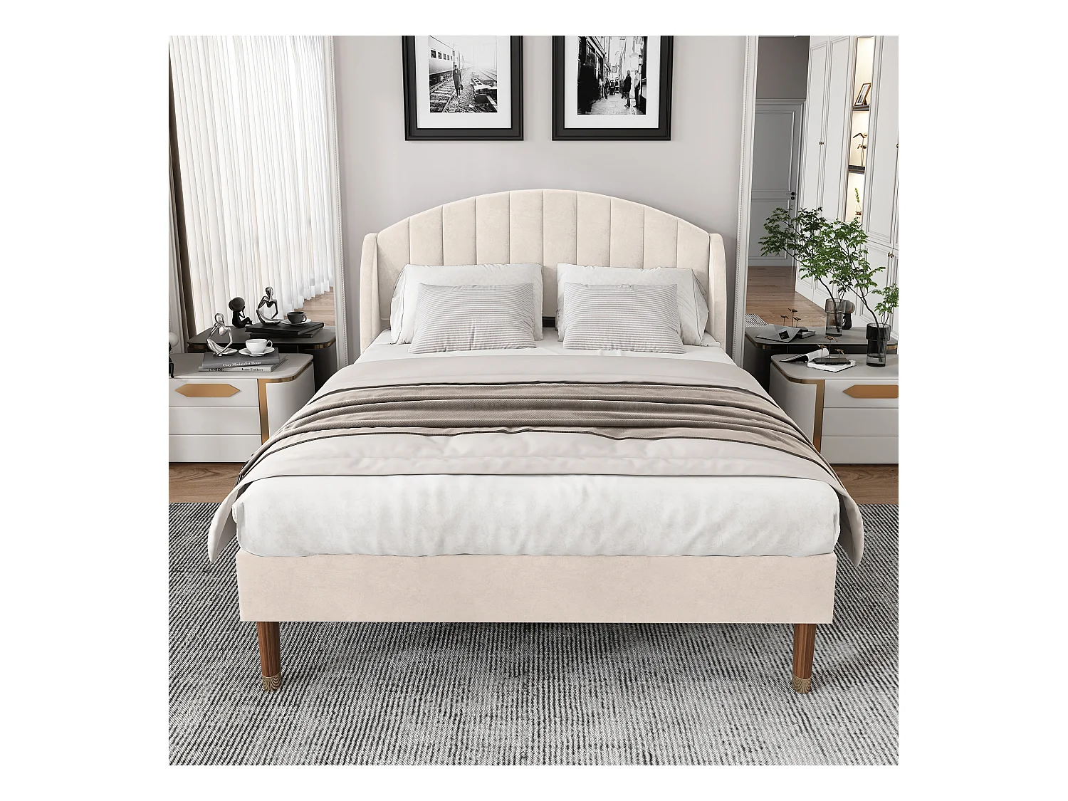 Lit adulte 140x190 cm - Lit double avec tête de lit et sommier à lattes en bois - velours beige