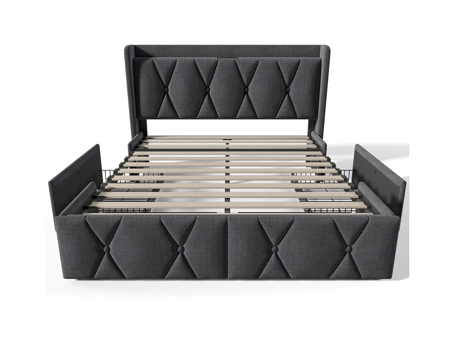 Lit double 160x200 cm - Lit adulte avec 4 tiroirs - Chargement USB - gris - sans matelas