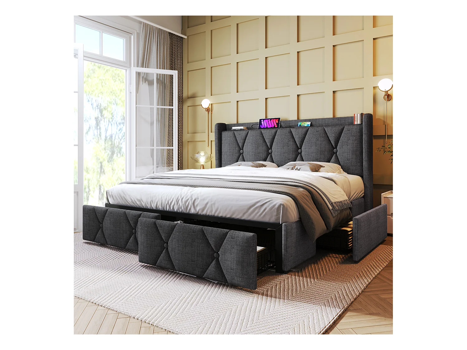Cama doble 160x200 cm - Cama tapizada con 4 cajones - carga USB - gris - sin colchón
