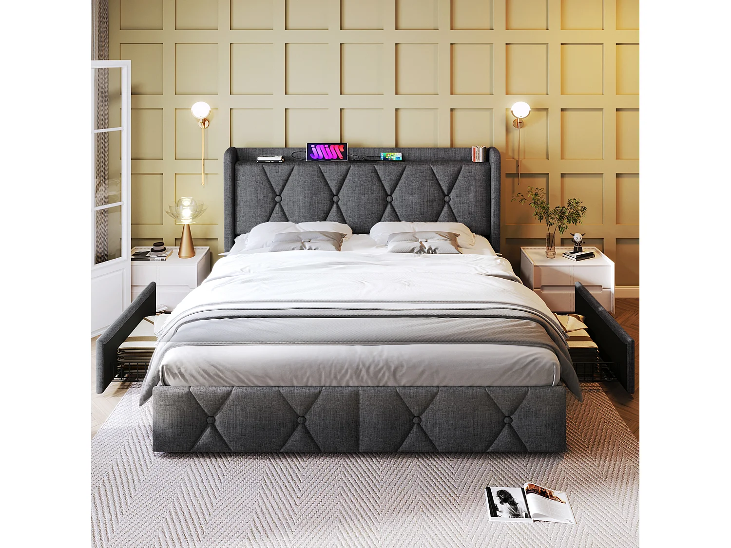 Letto matrimoniale 160x200 cm - Letto imbottito con 4 cassetti - ricarica USB - grigio - senza materasso