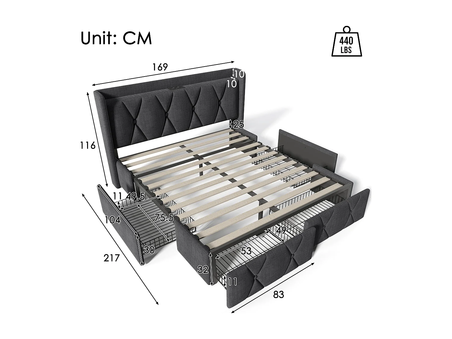 Letto matrimoniale 160x200 cm - Letto imbottito con 4 cassetti - ricarica USB - grigio - senza materasso