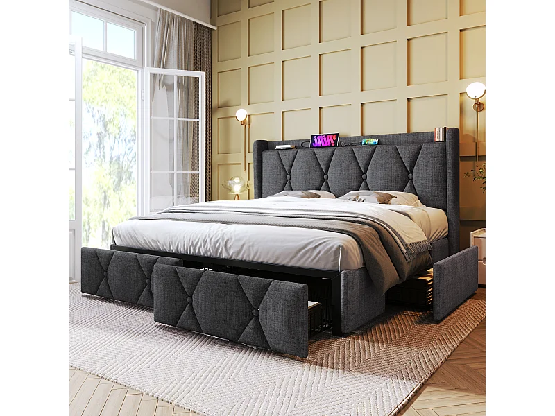 Tweepersoonsbed 160x200 cm - Volwassen bed met 4 lades - USB-oplader - grijs - zonder matras