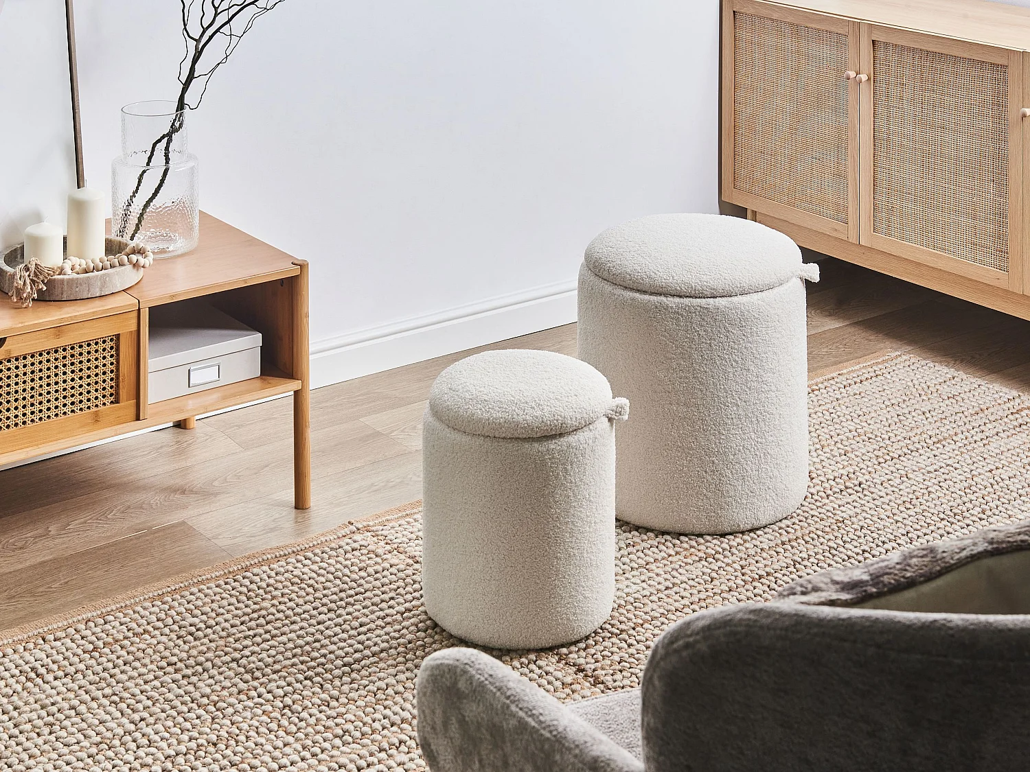 Lot de 2 poufs avec rangement BEREA Bouclé Blanc cassé