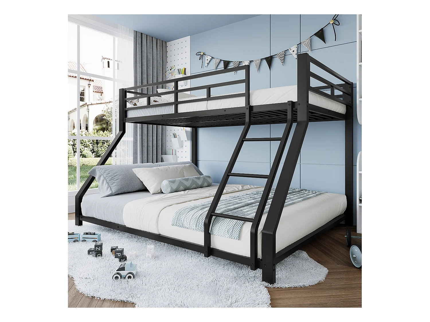 Lit superposé enfant 90x200cm + 140x200cm - lit métal noir - Barrière et Escalier - sans matels