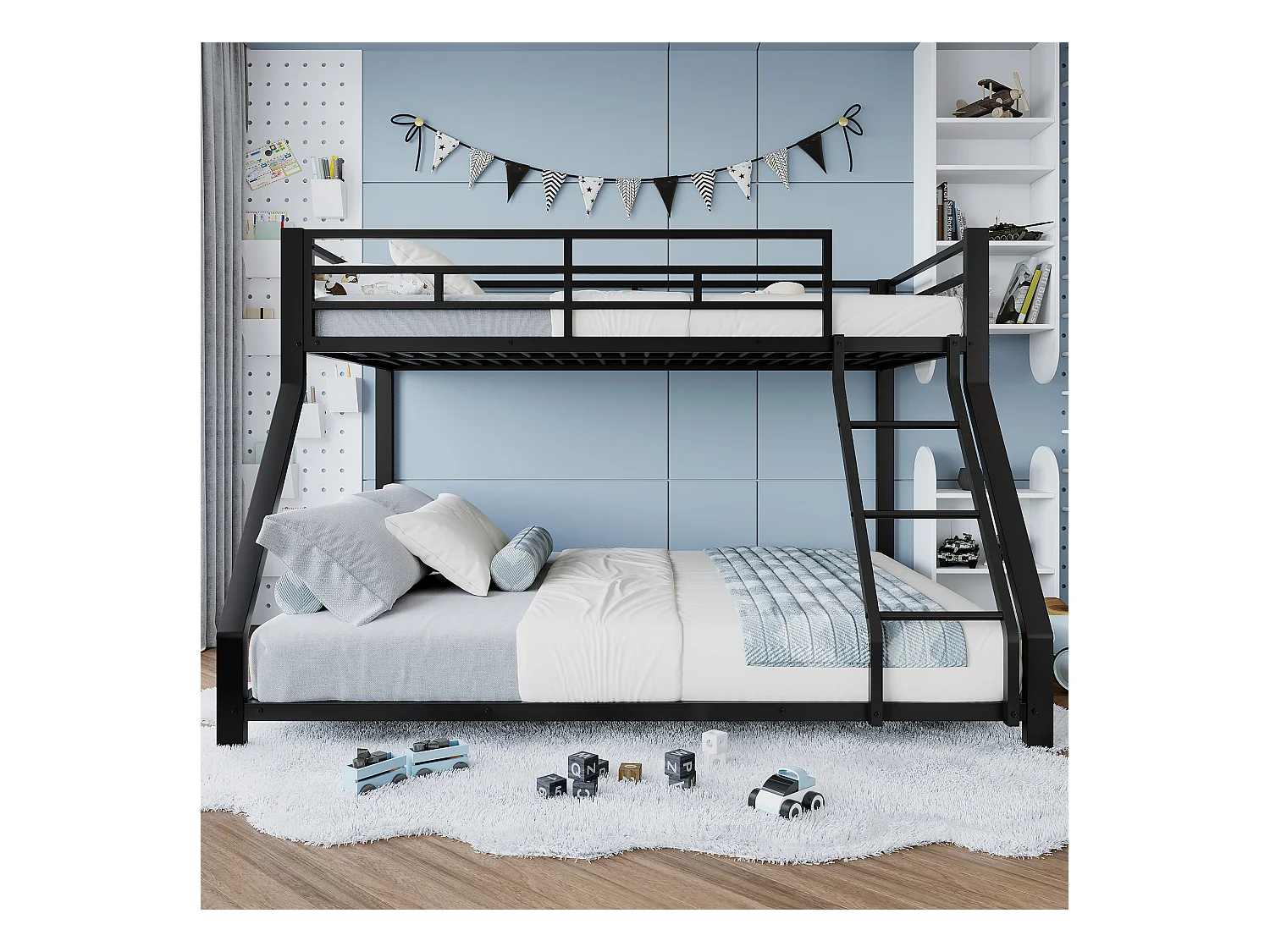 Lit superposé enfant 90x200cm + 140x200cm - lit métal noir - Barrière et Escalier - sans matels